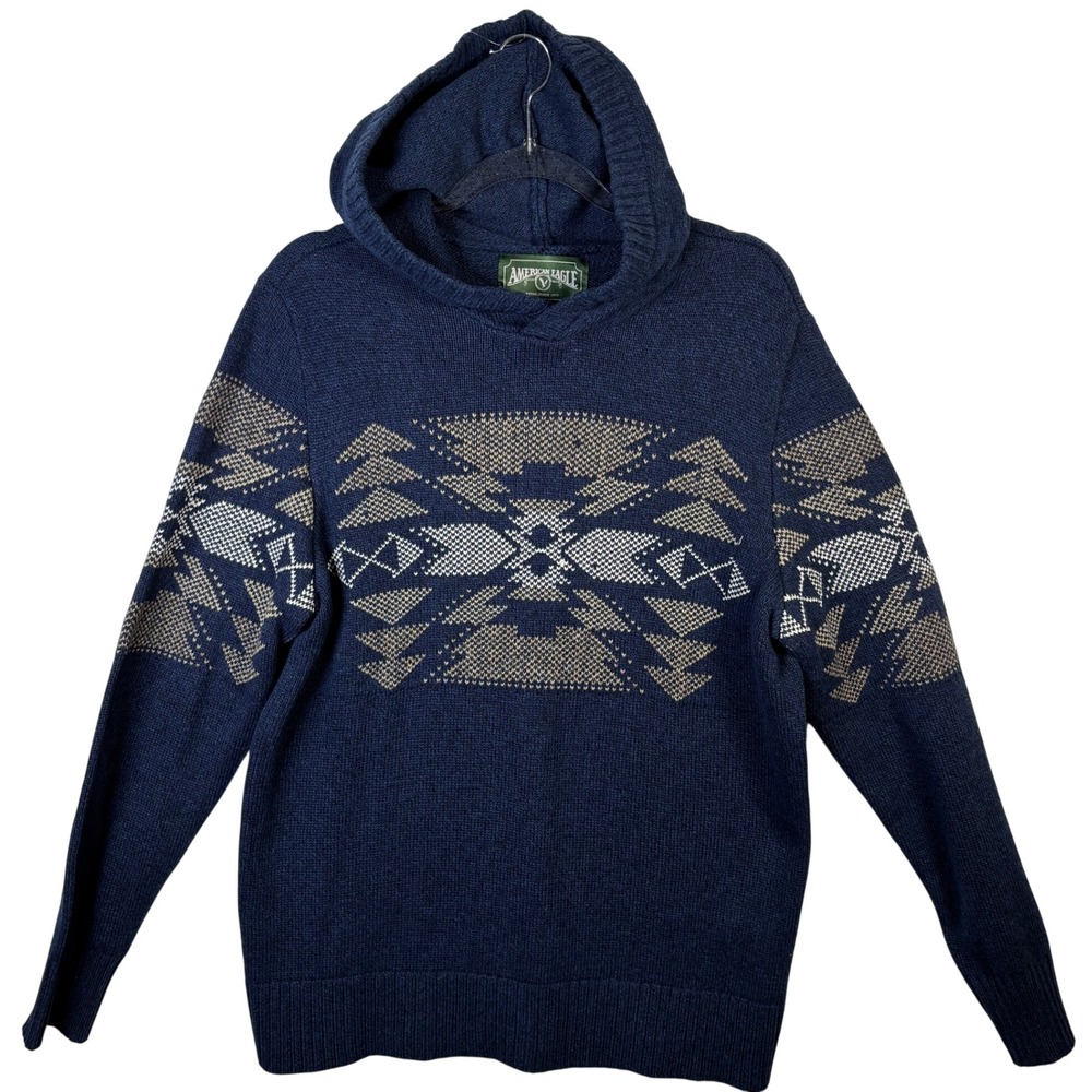 American Eagle Mens Navy Blue Southwestern Geometric Knit Hoodie Sweater Large